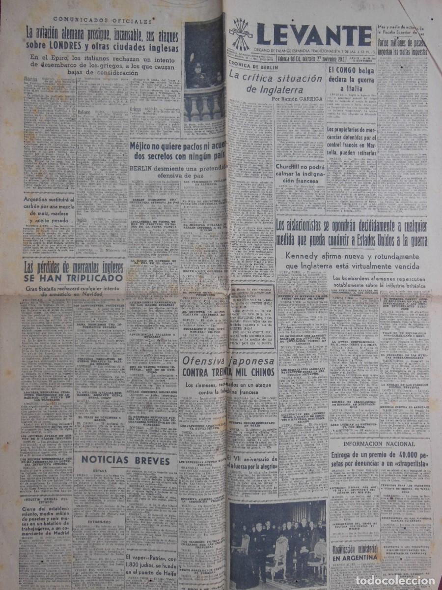 Collezionismo di Riviste e Giornali: ANTIGUO PERI&Oacute;DICO/ OLD NEWSPAPER: LEVANTE 27 DICIEMBRE 1940 (Valencia). N&ordm; 508.