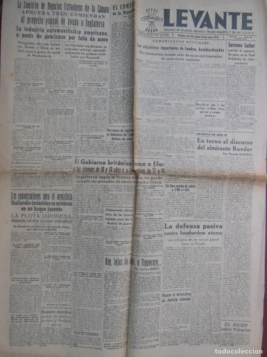 Collezionismo di Riviste e Giornali: ANTIGUO PERI&Oacute;DICO/ OLD NEWSPAPER: LEVANTE 30 ENERO 1941 (Valencia). N&ordm; 562.