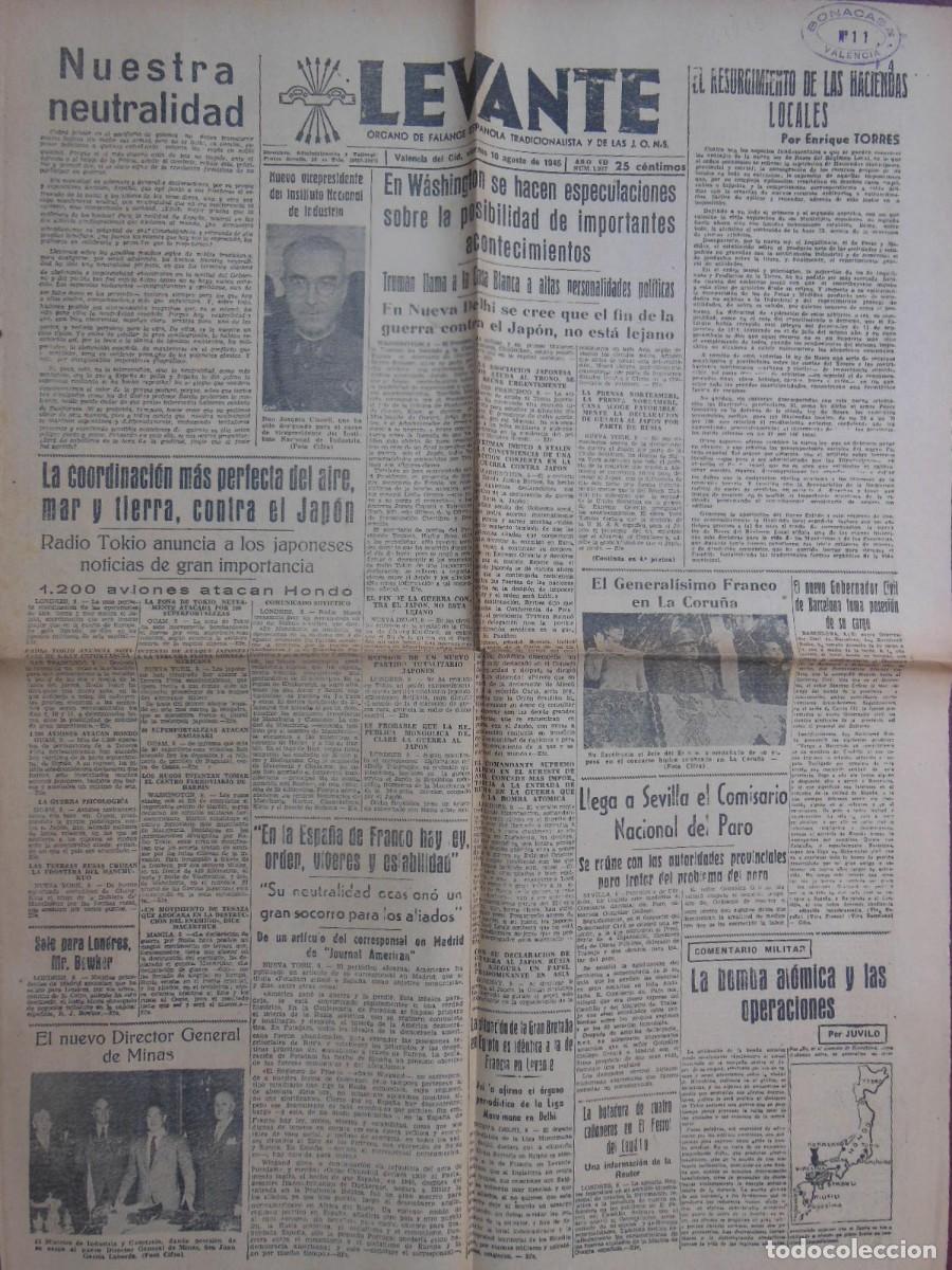 Collezionismo di Riviste e Giornali: ANTIGUO PERI&Oacute;DICO/ OLD NEWSPAPER: LEVANTE 10 DE AGOSTO 1945 (Valencia). N&ordm; 1957.