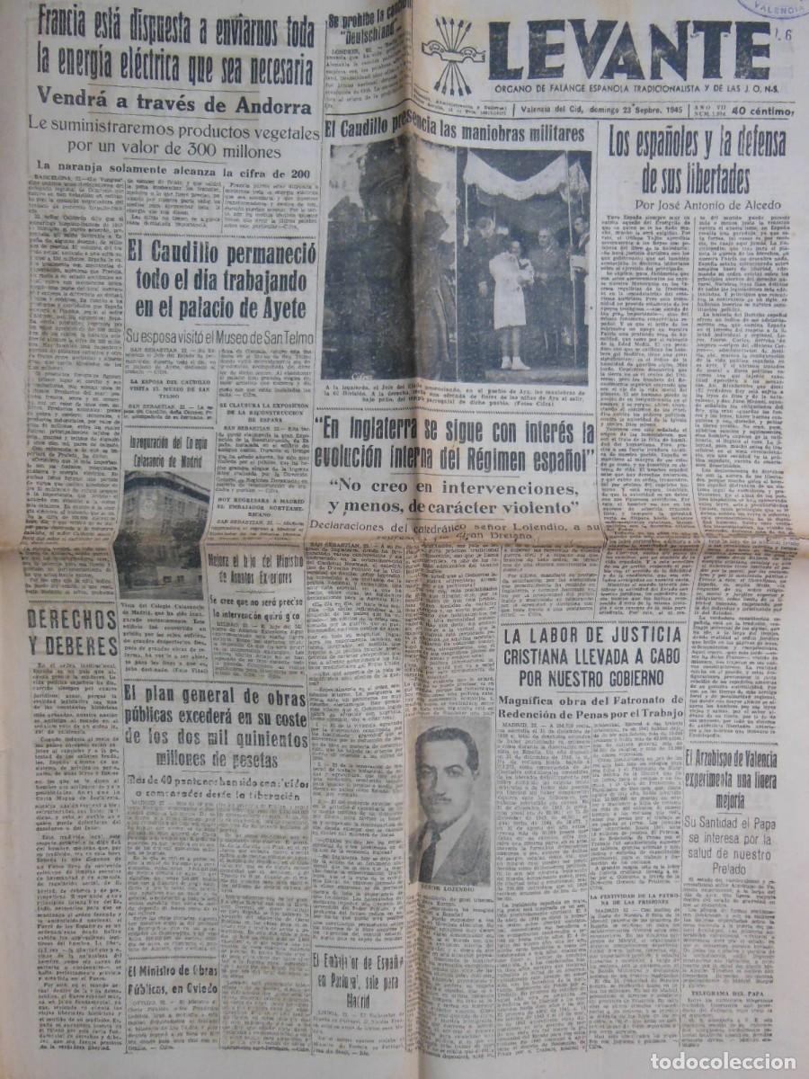 Collezionismo di Riviste e Giornali: ANTIGUO PERI&Oacute;DICO/ OLD NEWSPAPER: LEVANTE 23 DE SEPTIEMBRE 1945 (Valencia). N&ordm; 1994.