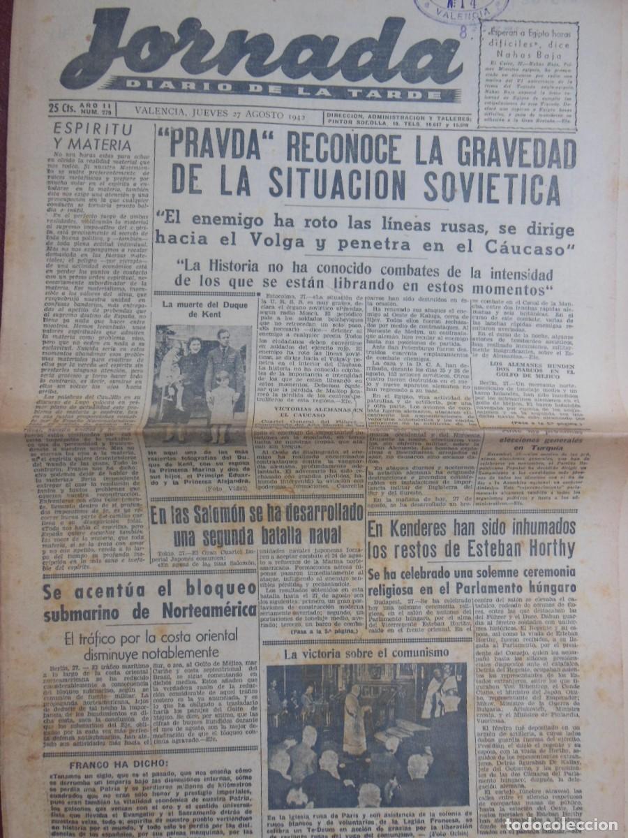 Collezionismo di Riviste e Giornali: JORNADA. Diario de la Tarde. 27 DE AGOSTO DE 1942. N&ordm; 279. (Valencia)