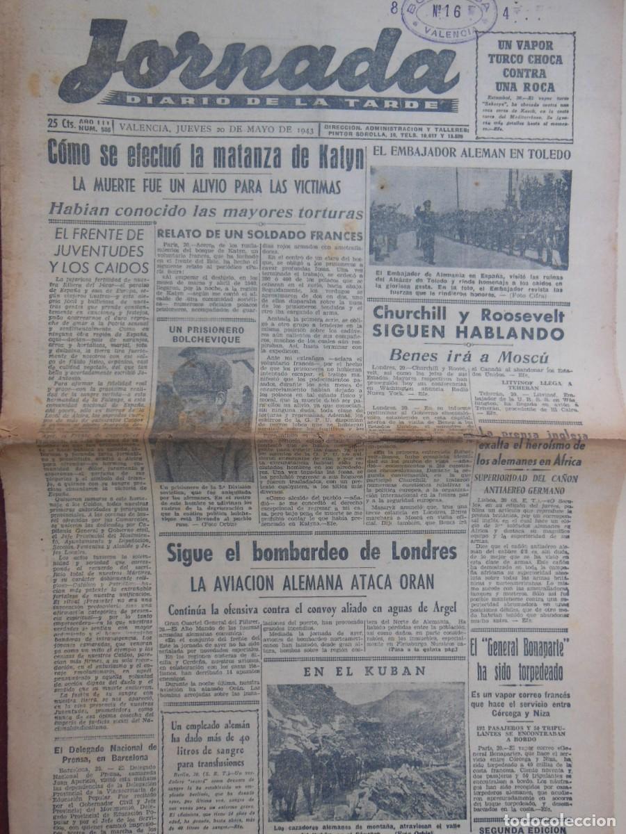 Collezionismo di Riviste e Giornali: JORNADA. Diario de la Tarde. 20 DE MAYO DE 1943. N&ordm; 505. (Valencia)