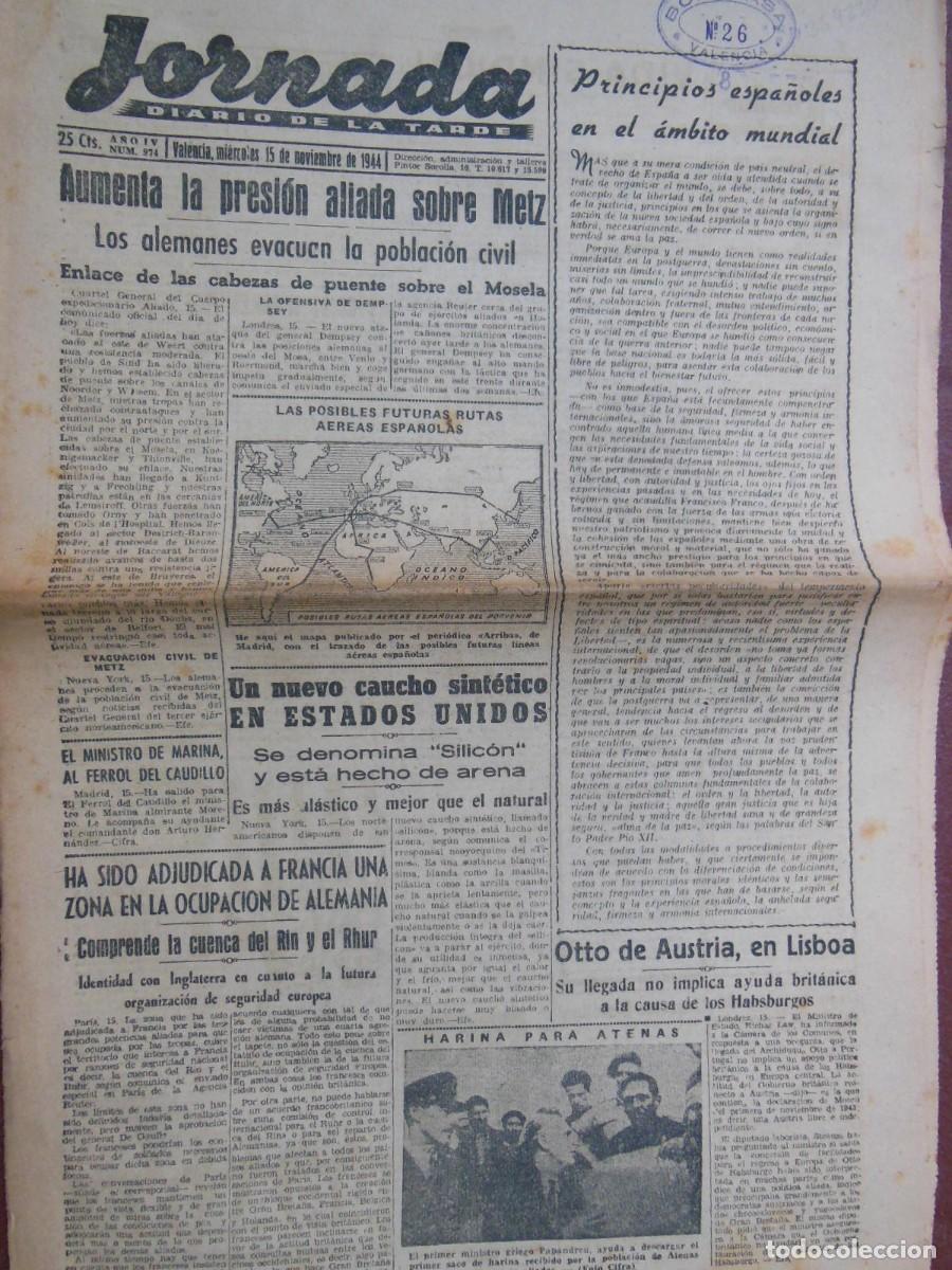 Collezionismo di Riviste e Giornali: JORNADA. Diario de la Tarde. 15 DE NOVIEMBRE DE 1944. N&ordm; 974. (Valencia)