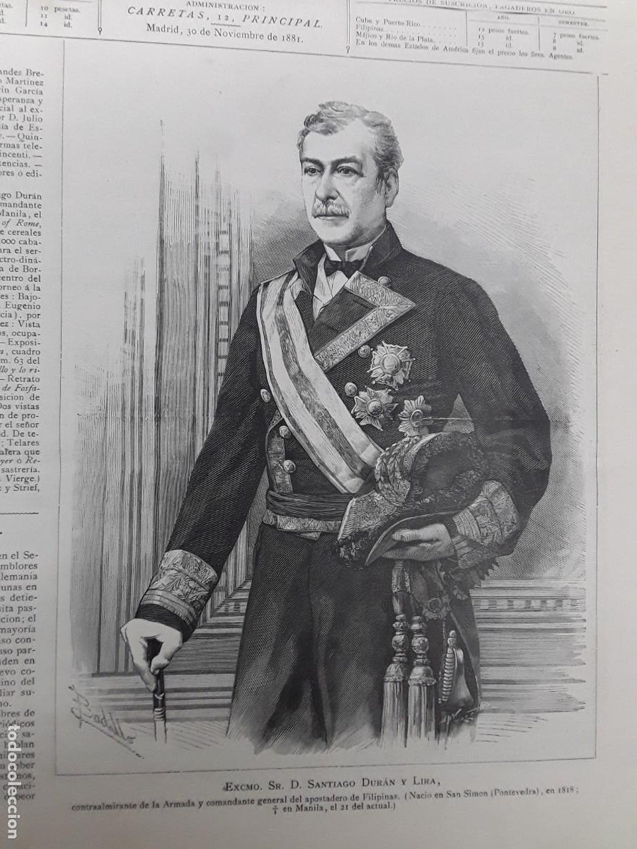 Coleccionismo de revistas y peri&oacute;dicos: SANTIAGO DURAN Y LIRA CONTRAALMIRANTE DE LA ARMADA SAN SIMON PONTEVEDRA HOJA REVISTA A&Ntilde;O 1881