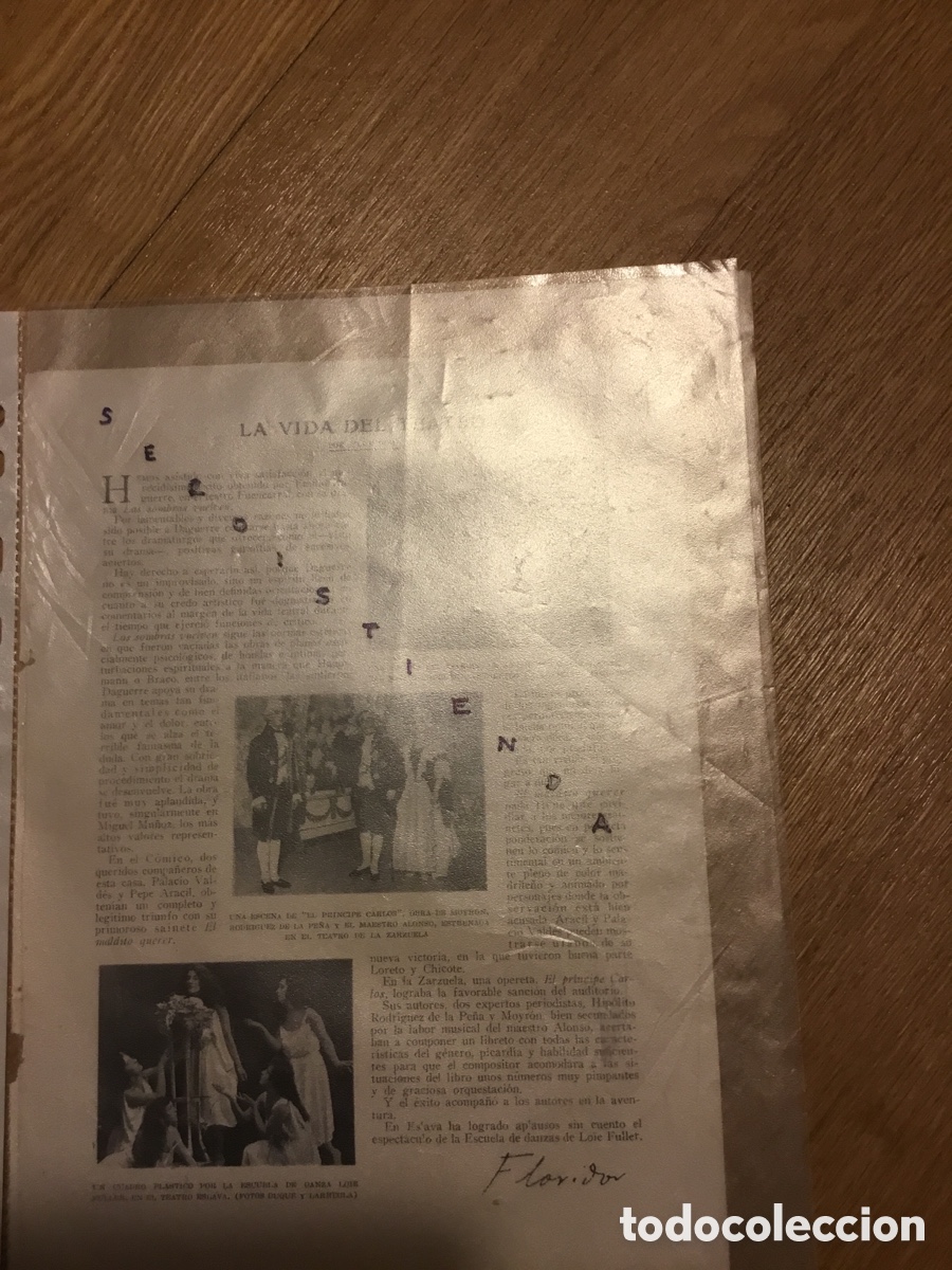 Collectionnisme de Revues et Journaux: - LA VIDA DEL TEATRO por Floridor - Aracil y Palacio Vald&eacute;s, maestro Alonso, Loie Fuller 1921