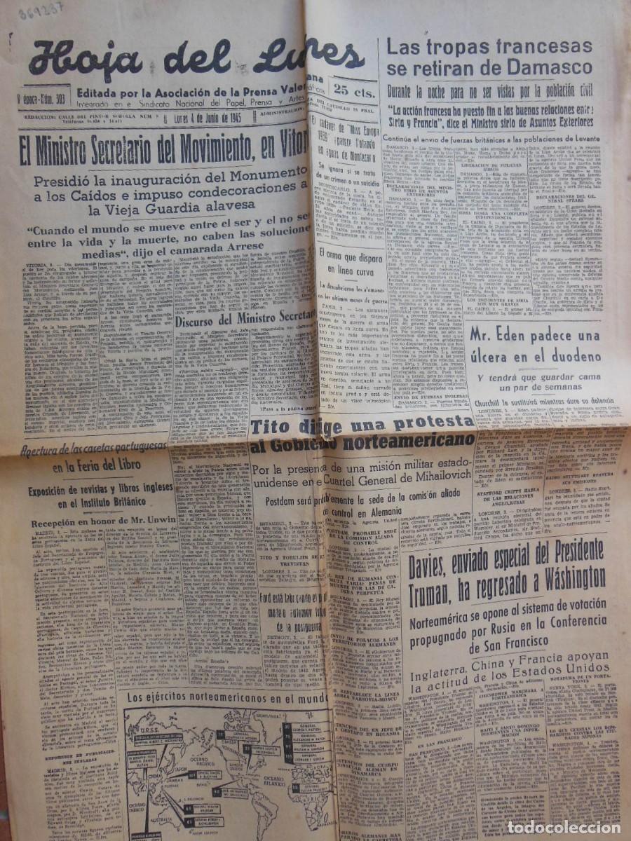 Colecionismo de Revistas e Jornais: ANTIGUO PERI&Oacute;DICO / OLD NEWSPAPER: Hoja de Lunes. 4 DE JUNIO DE 1945. V &Eacute;POCA- N&Uacute;M. 303 (Valencia).