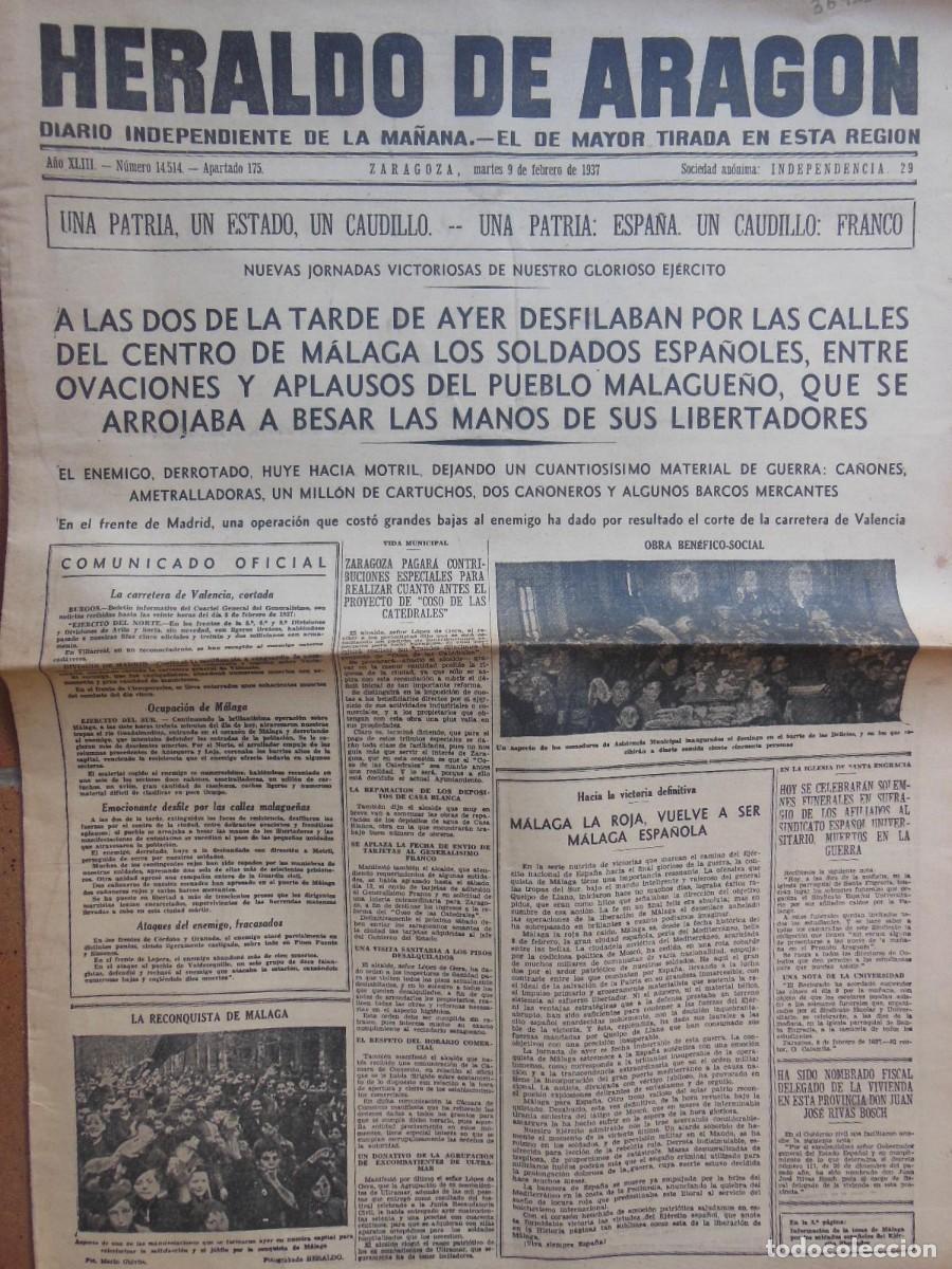 Colecionismo de Revistas e Jornais: ANTIGUO PERI&Oacute;DICO / OLD NEWSPAPER: Heraldo de Arag&oacute;n. 9 DE FEBRERO DE 1937. N&Uacute;M. 14.514. (Zaragoza).