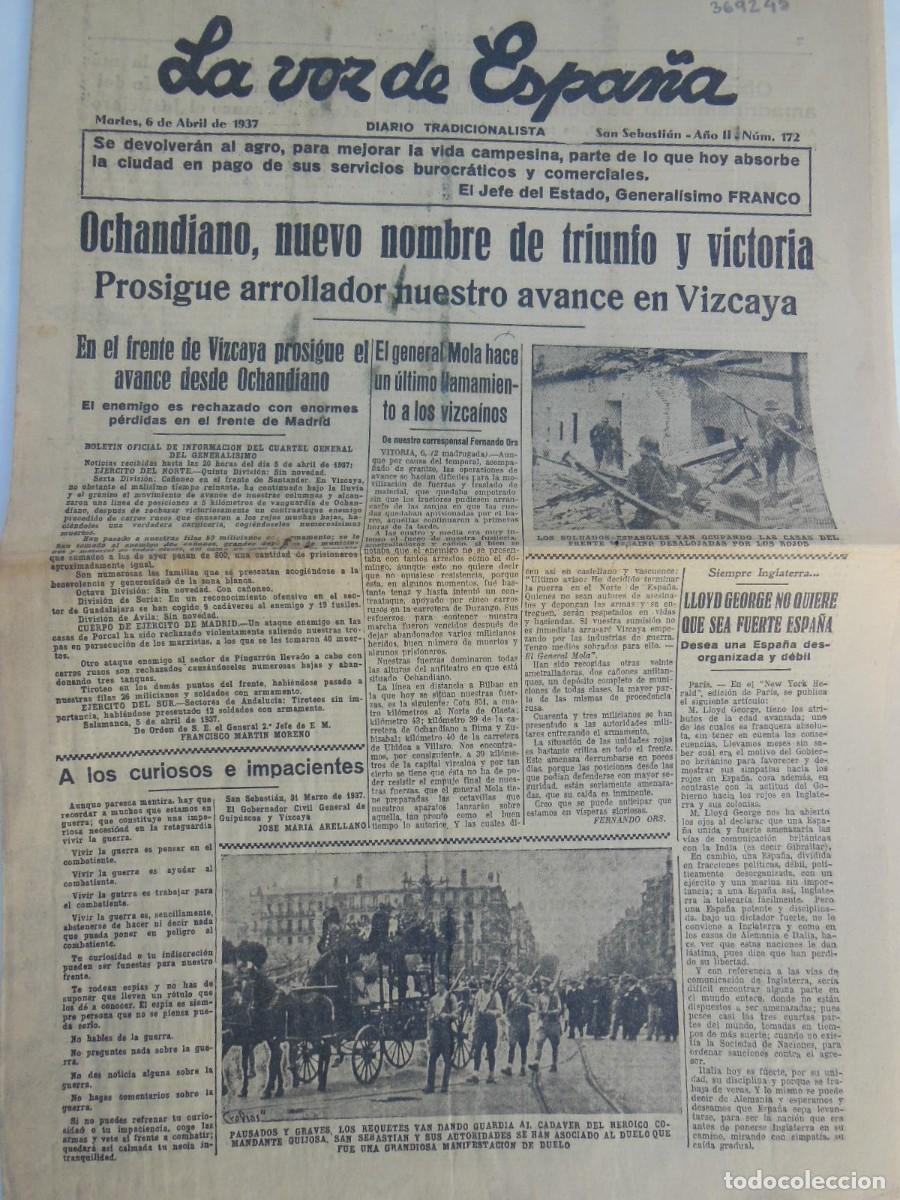 Colecionismo de Revistas e Jornais: ANTIGUO PERI&Oacute;DICO / OLD NEWSPAPER: La voz de Espa&ntilde;a 6 DE ABRIL DE 1937. N&Uacute;M. 172. (San Sebasti&aacute;n).