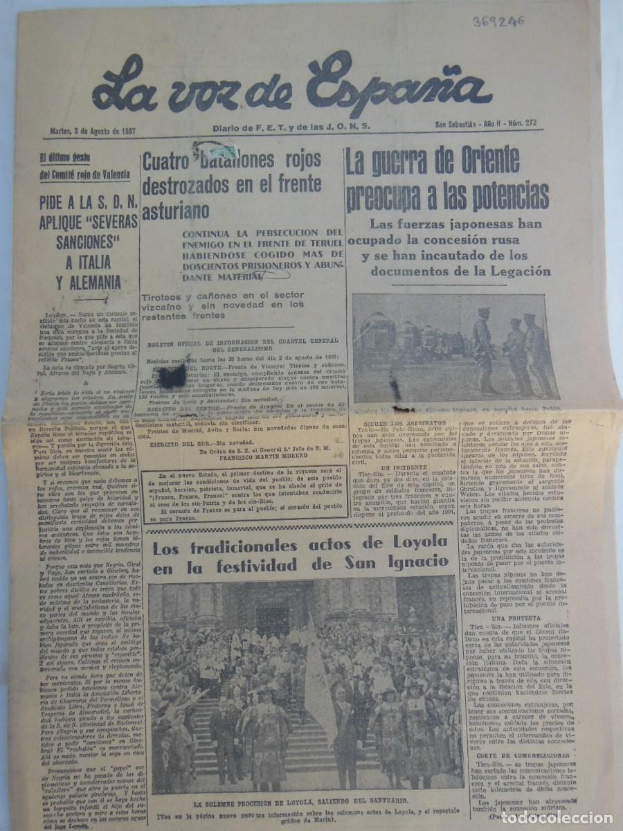 Colecionismo de Revistas e Jornais: ANTIGUO PERI&Oacute;DICO / OLD NEWSPAPER: La voz de Espa&ntilde;a 3 DE AGOSTO DE 1937. N&Uacute;M. 272. (San Sebasti&aacute;n).