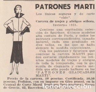 Coleccionismo de revistas y peri&oacute;dicos: Publicidad patrones Mart&iacute; - 1930