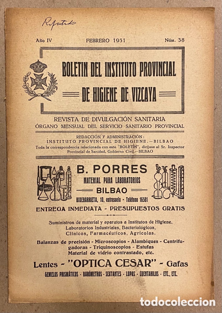 Coleccionismo de Revistas y Peri&oacute;dicos: BOLET&Iacute;N INSTITUTO PROVINCIAL DE HIGIENE DE VIZCAYA A&Ntilde;O IV N&deg; 38 (1931). REVISTA DIVULGACI&Oacute;N SANTARIA