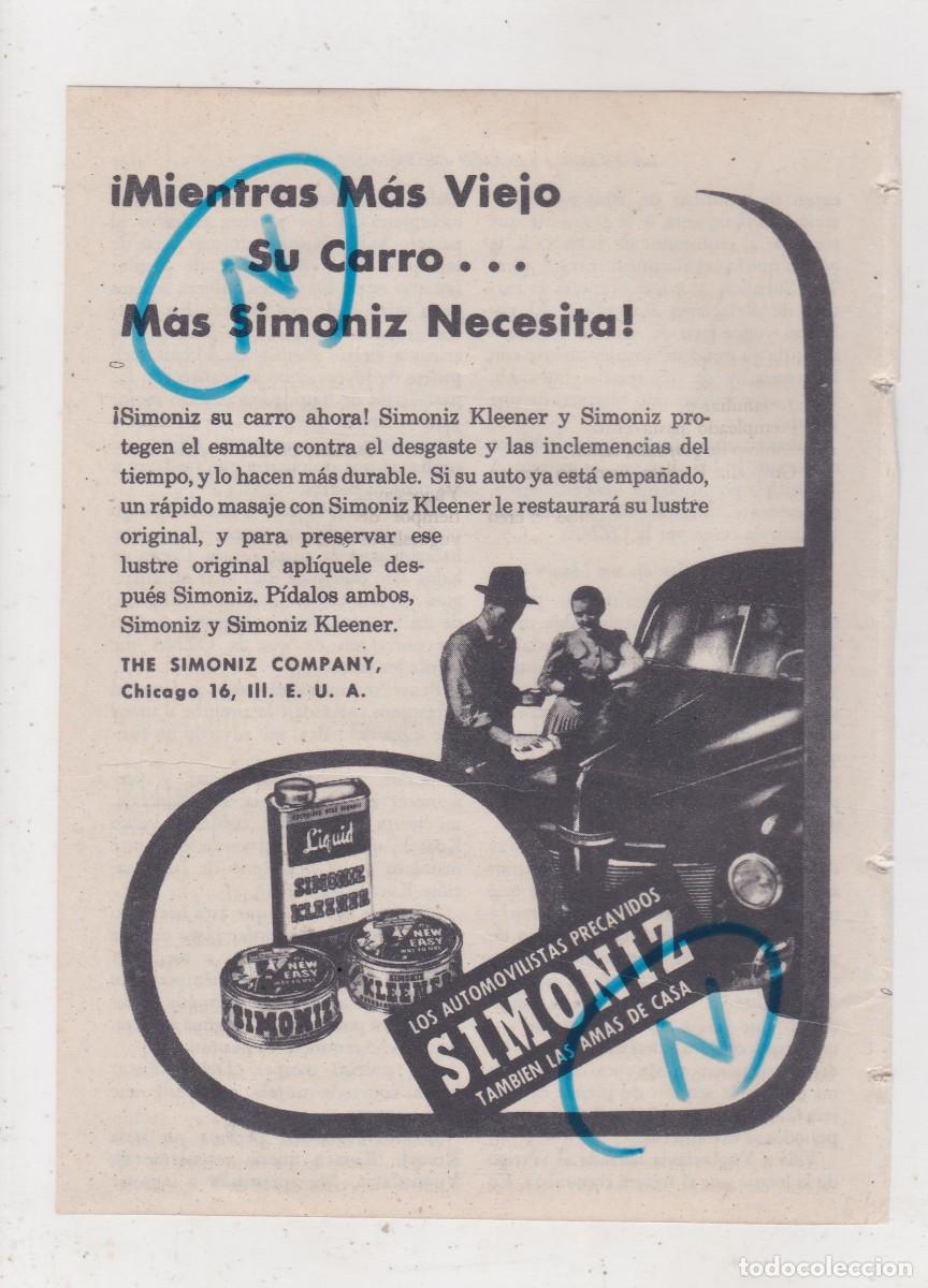 Colecionismo de Revistas e Jornais: PUBLICIDAD 1947. ANUNCIO CERA SIMONIZ Y SIMONIZ KLEENER, PARA AUTOMOVILES
