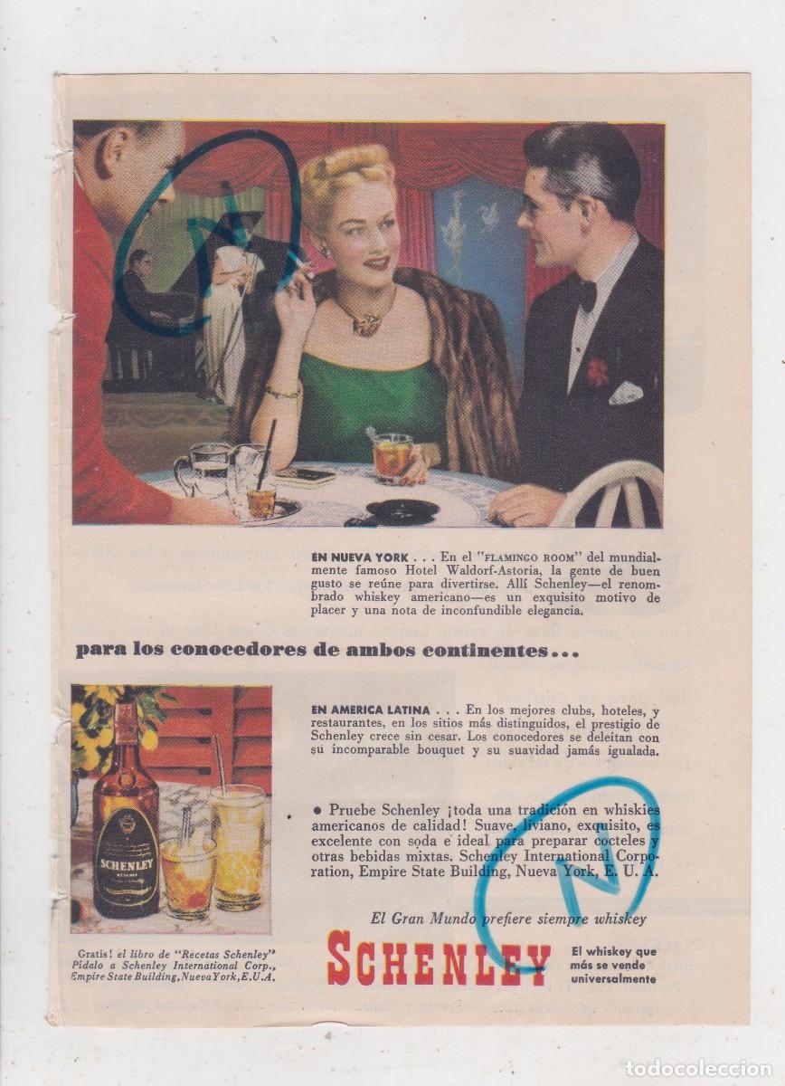 Colecionismo de Revistas e Jornais: PUBLICIDAD 1947. ANUNCIO WHISKEY SCHENLEY. E.U.A. + FLOTA BUQUES GRACE LINE (REVERSO)