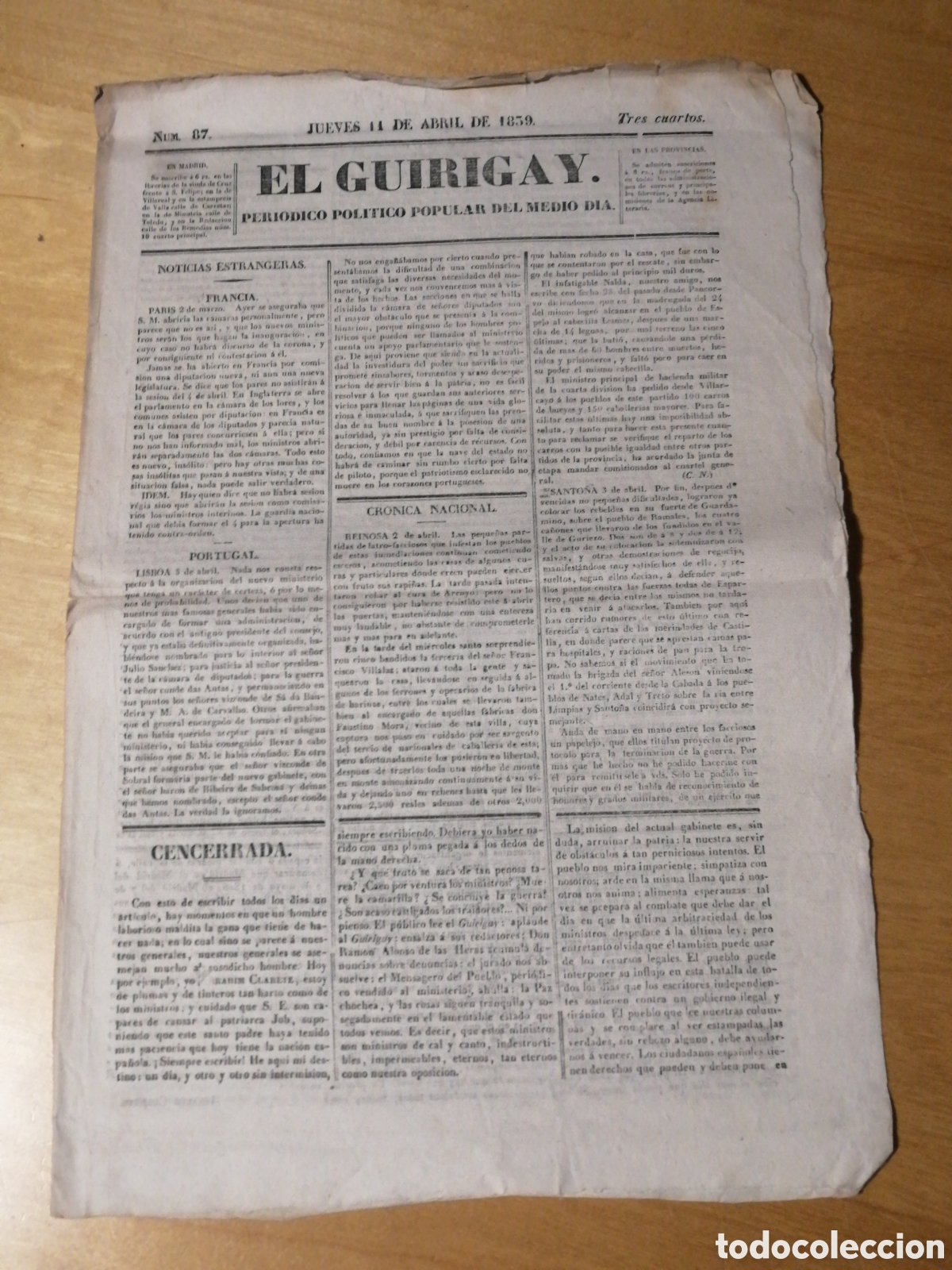 Collection Magazines and Newspapers: 1839 El Guirigay. Periodico politico popular del medio dia. Num 87 Jueves 11 de Abril