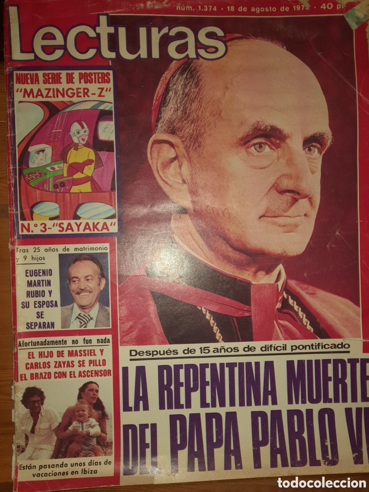 Coleccionismo de Revistas y Peri&oacute;dicos: ANTIGUA REVISTA LECTURAS N&ordm; 1.374 MUERTE PAPA PABLO VI POSTER MAZINGER Z N&deg; 3 SAYAKA MANCHA HUMED