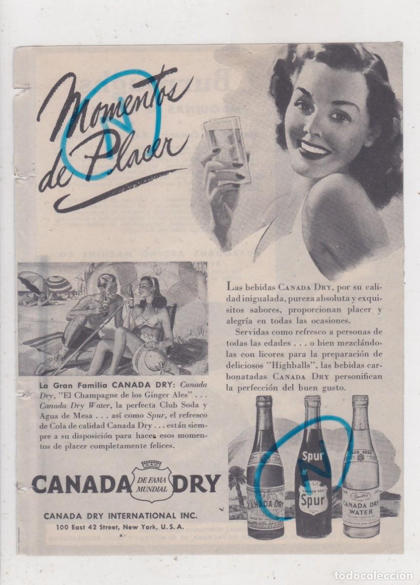 Colecionismo de Revistas e Jornais: PUBLICIDAD 1947. ANUNCIO CANADA DRY, CANADA DRY WATER, SPUR + BURROUGHS. MAQUINAS DE CALCULAR (REVER