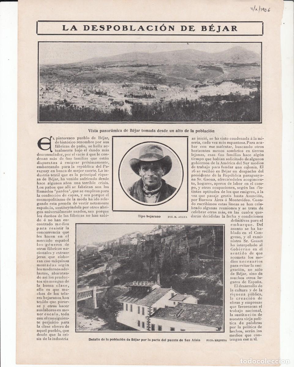 Coleccionismo de Revistas y Peri&oacute;dicos: HOJA DE REVISTA -1906 -LA DESPOBLACI&Oacute;N DE BEJAR - ELABORACI&Oacute;N MEMBRILLO PUENTE GENIL