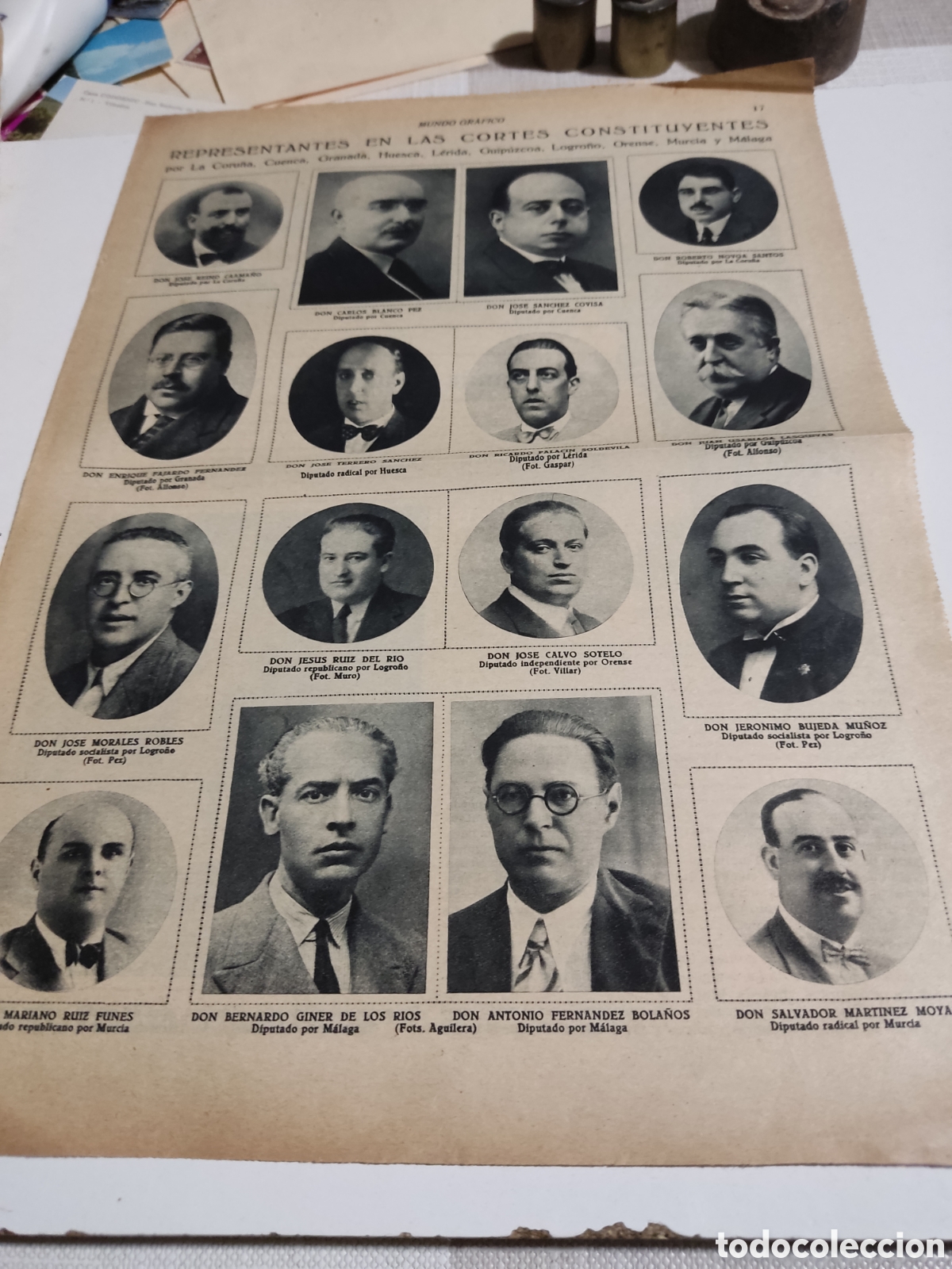 Coleccionismo de Revistas y Peri&oacute;dicos: Recorte p&aacute;gina revista mundo gr&aacute;fico representantes en las Cortes constituyentes var&iacute;as ciudades, La