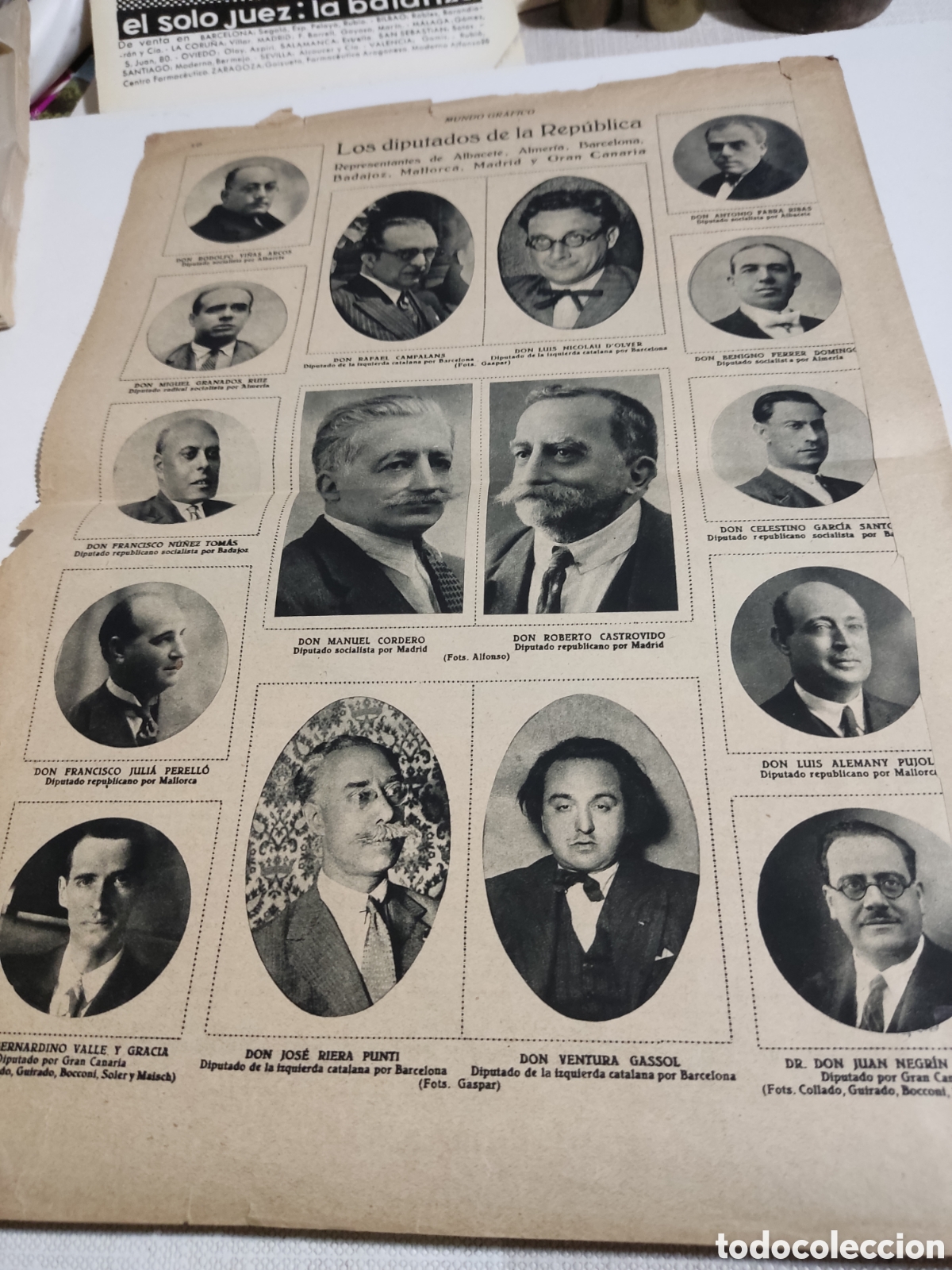 Coleccionismo de Revistas y Peri&oacute;dicos: Recorte p&aacute;gina revista mundo gr&aacute;fico Los diputados de la republica, Albacete Almer&iacute;a Barcelona etc