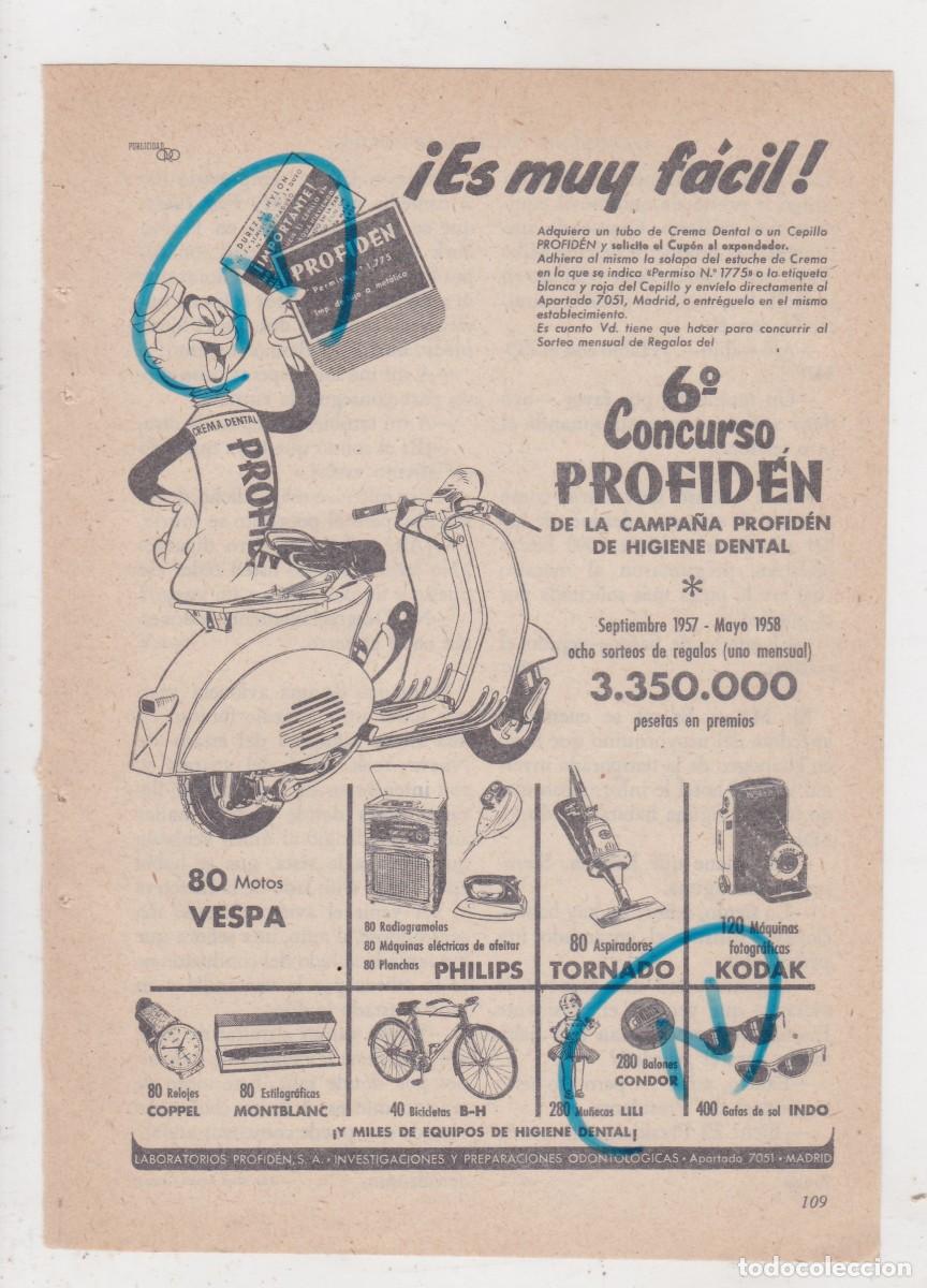 Coleccionismo de Revistas y Peri&oacute;dicos: PUBLICIDAD 1958. ANUNCIO 6&ordm; CONCURSO PROFIDEN CAMPA&Ntilde;A DE HIGIENE DENTAL - MOTO VESPA