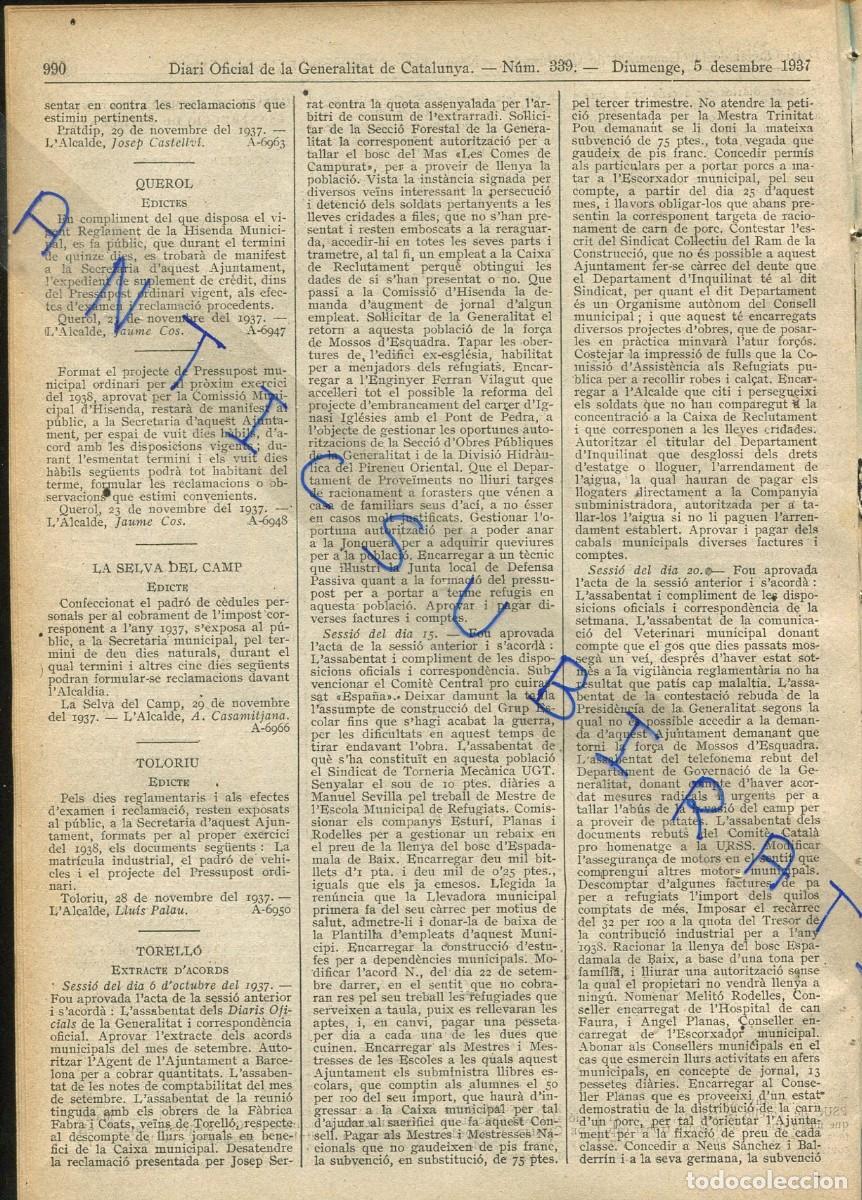 Collection Magazines and Newspapers: DIARI ANY 1937 GUERRA CIVIL PONTONS PRATDIP QUEROL LA SELVA DEL CAMP TOLORIU TORELLO TOSSA TORTOSA