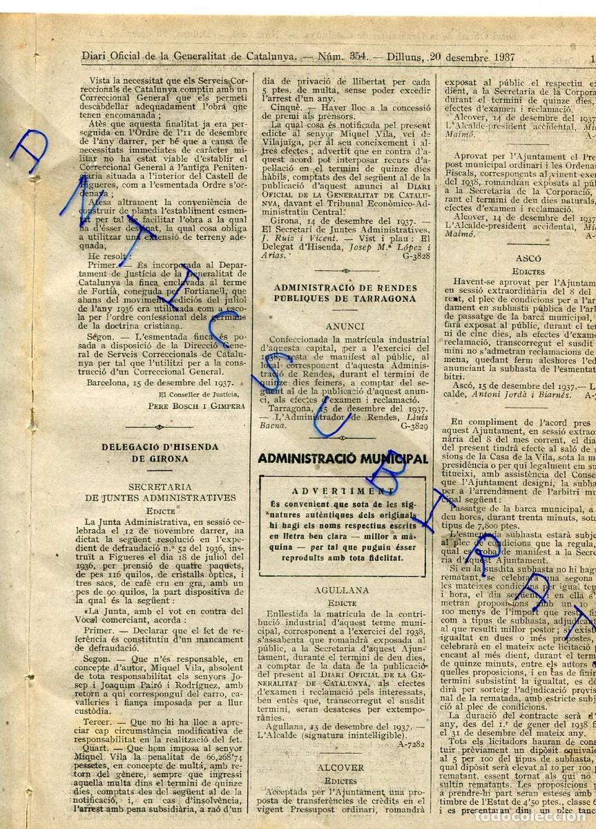 Coleccionismo de Revistas y Peri&oacute;dicos: DIARI ANY 1937 GUERRA CIVIL ASCO AGULLANA ALCOVER BAIX MONTSENY BELIANES BEUDA CAMOS GELIDA GURB