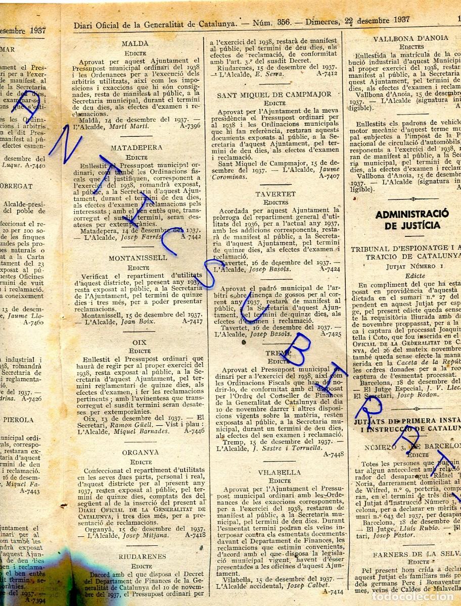 Coleccionismo de revistas y peri&oacute;dicos: DIARI ANY 1937 GUERRA CIVIL MALDA MATADEPERA MONTANISSELL OIX RIUDARENES TAVERTET TREMP VILAVELLA