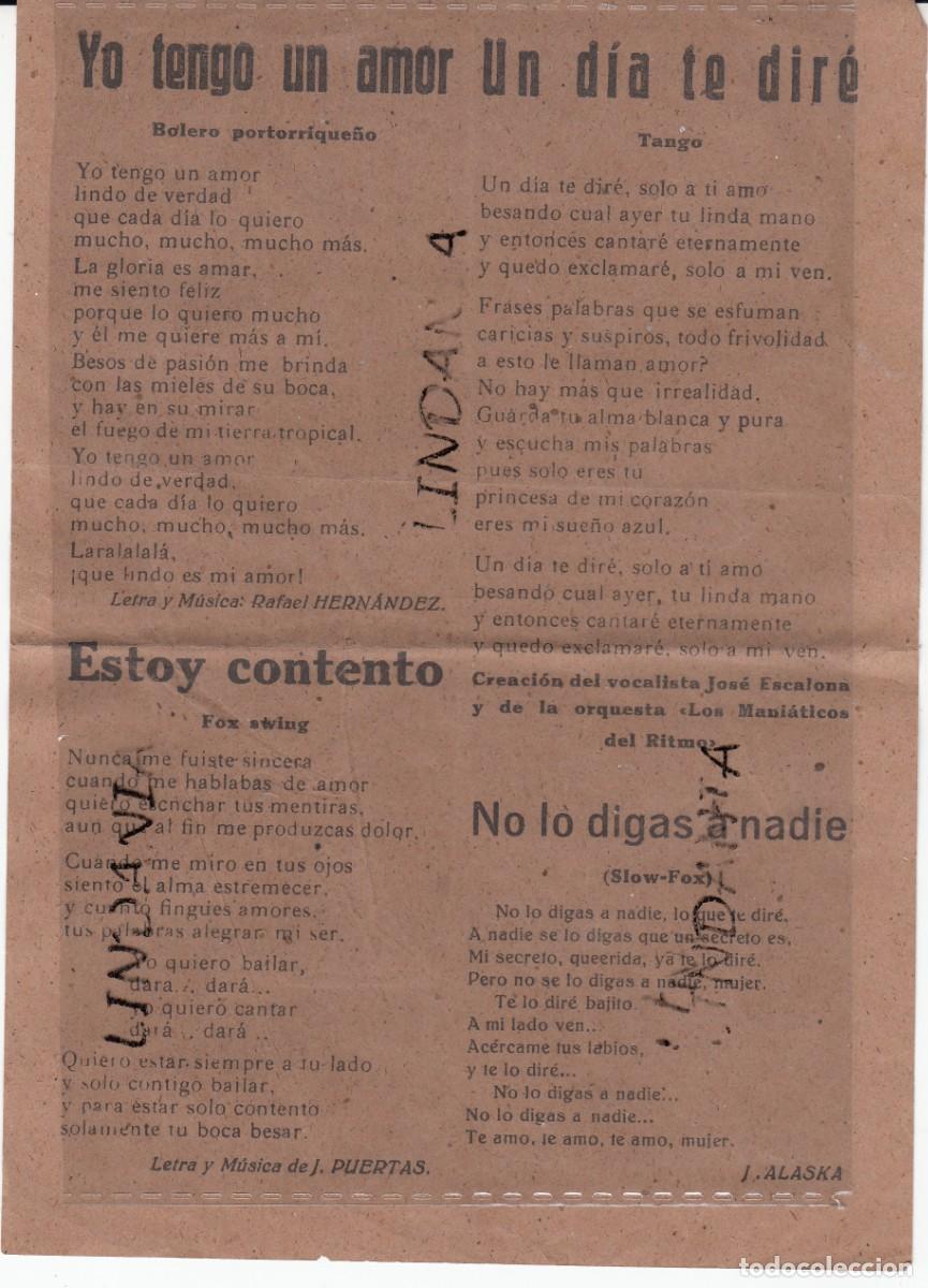 Coleccionismo de revistas y peri&oacute;dicos: PLIEGO DE CORDEL - CANCIONERO --TANGO UN D&Iacute;A TE DIR&Eacute; - NOHAY NOVEDAD SRA. BARONESA ...