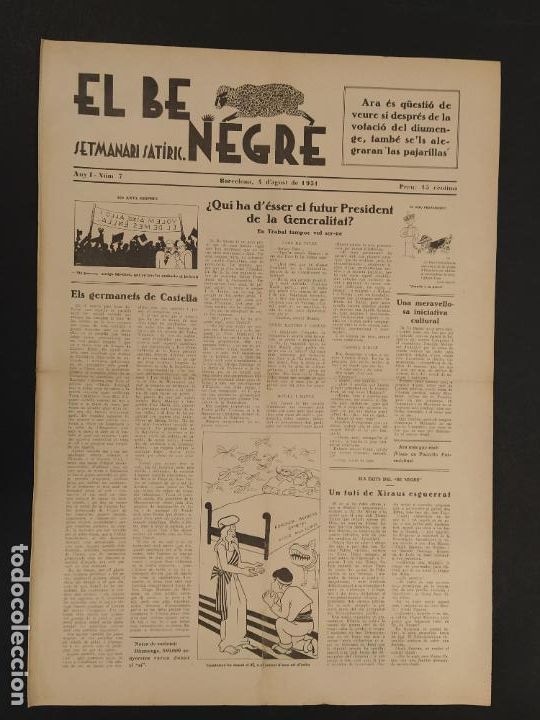 Collection Magazines and Newspapers: EL BE NEGRE - SETMANARI SATIRIC - NUMERO 7 - 4 D'AGOST ANY 1931 -VEURE FOTOS-(K-12.024)
