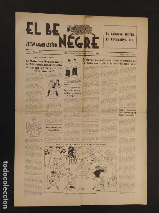 Coleccionismo de revistas y peri&oacute;dicos: EL BE NEGRE - SETMANARI SATIRIC - NUMERO 14 - 22 DE SETEMBRE ANY 1931 -VEURE FOTOS-(K-12.024)
