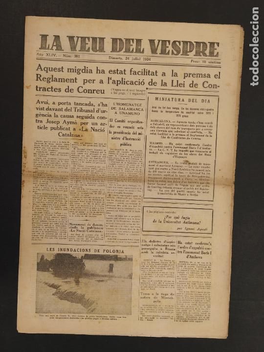 Coleccionismo de revistas y peri&oacute;dicos: LA VEU DEL VESPRE - NUMERO 381 - 24 JULIOL ANY 1934 -VEURE FOTOS-(V-24.823)