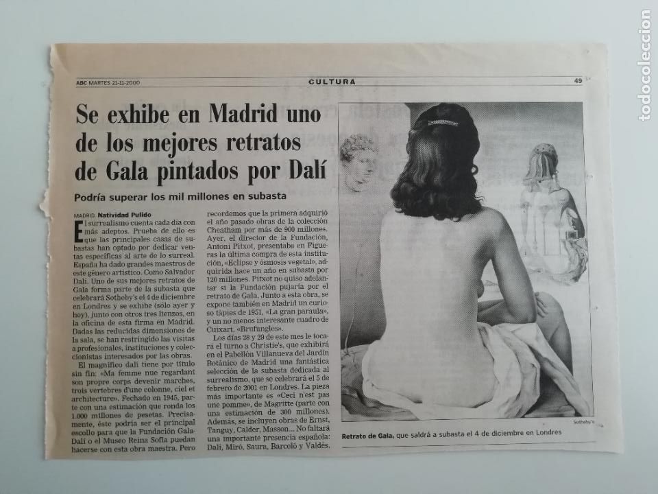 Sammeln von Zeitschriften und Zeitungen: Recorte Subasta Dal&iacute; Sothebys Londres Arte C&aacute;tedra poes&iacute;a Universidad Compostela ABC 21 XI 2000