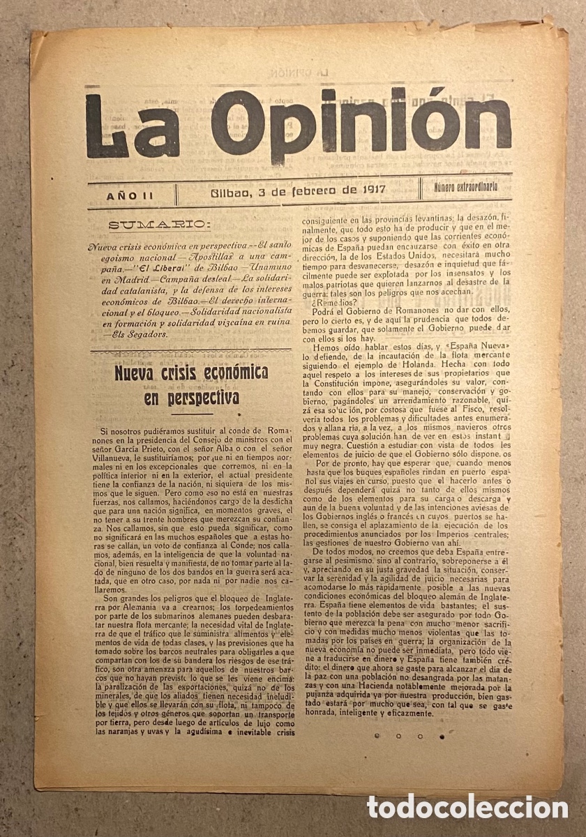 Collectionnisme de Revues et Journaux: SEMARIO LA OPINI&Oacute;N N&deg; EXTRAORDINARIO (BILBAO 1917). PUBLICACI&Oacute;N LIBERAL DE GREGORIO BALPARDA
