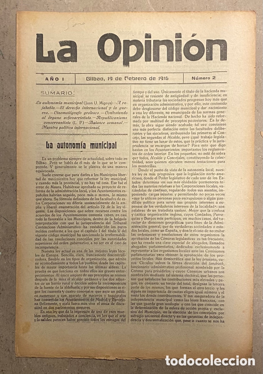Coleccionismo de revistas y peri&oacute;dicos: SEMANARIO LA OPINI&Oacute;N N&deg; 2 (BILBAO 1916). PUBLICACI&Oacute;N LIBERAL CREADA POR GREGORIO DE BALPARDA