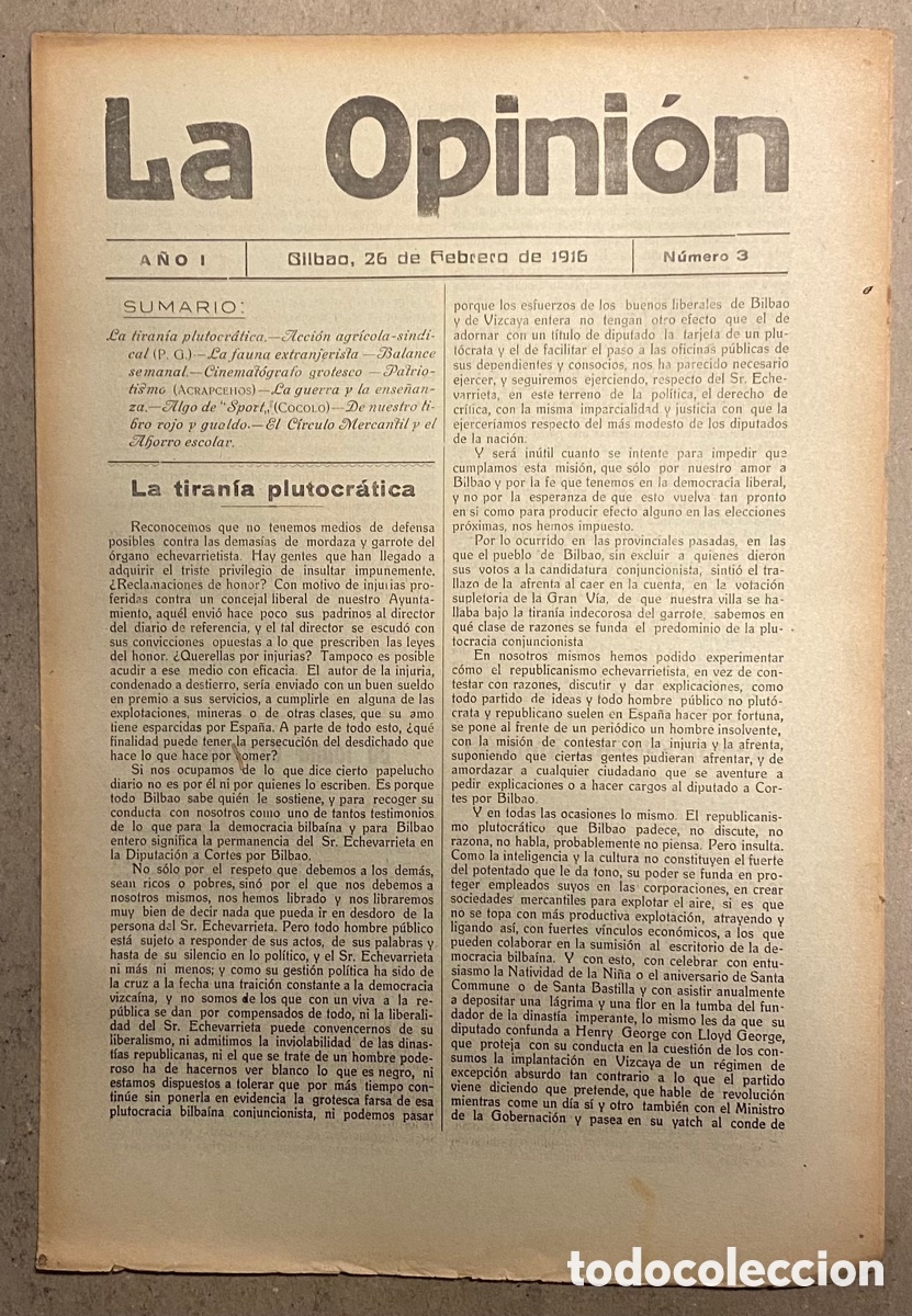Coleccionismo de Revistas y Peri&oacute;dicos: SEMANARIO LA OPINI&Oacute;N N&deg; 3 (BILBAO 1916). PUBLICACI&Oacute;N LIBERAL CREADA POR GREGORIO DE BALPARDA