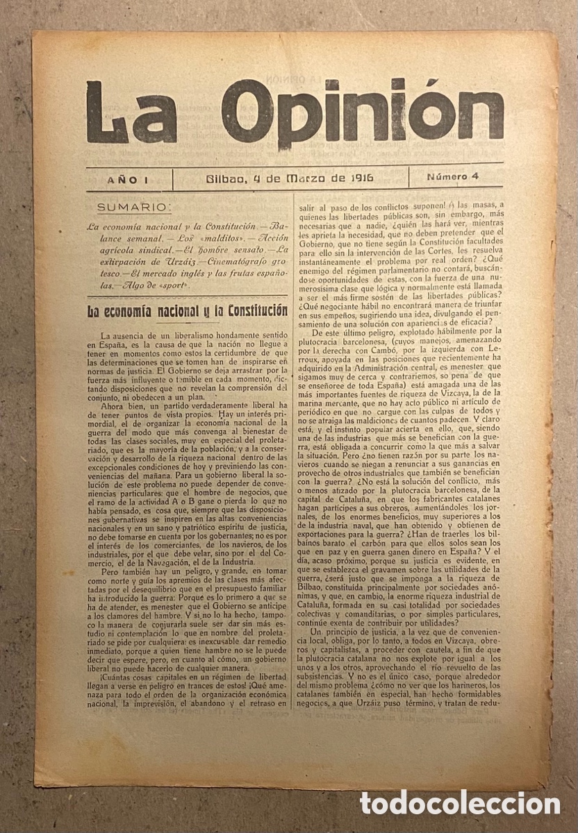 Coleccionismo de Revistas y Peri&oacute;dicos: SEMANARIO LA OPINI&Oacute;N N&deg; 4 (BILBAO 1916). PUBLICACI&Oacute;N LIBERAL CREADA POR GREGORIO DE BALPARDA