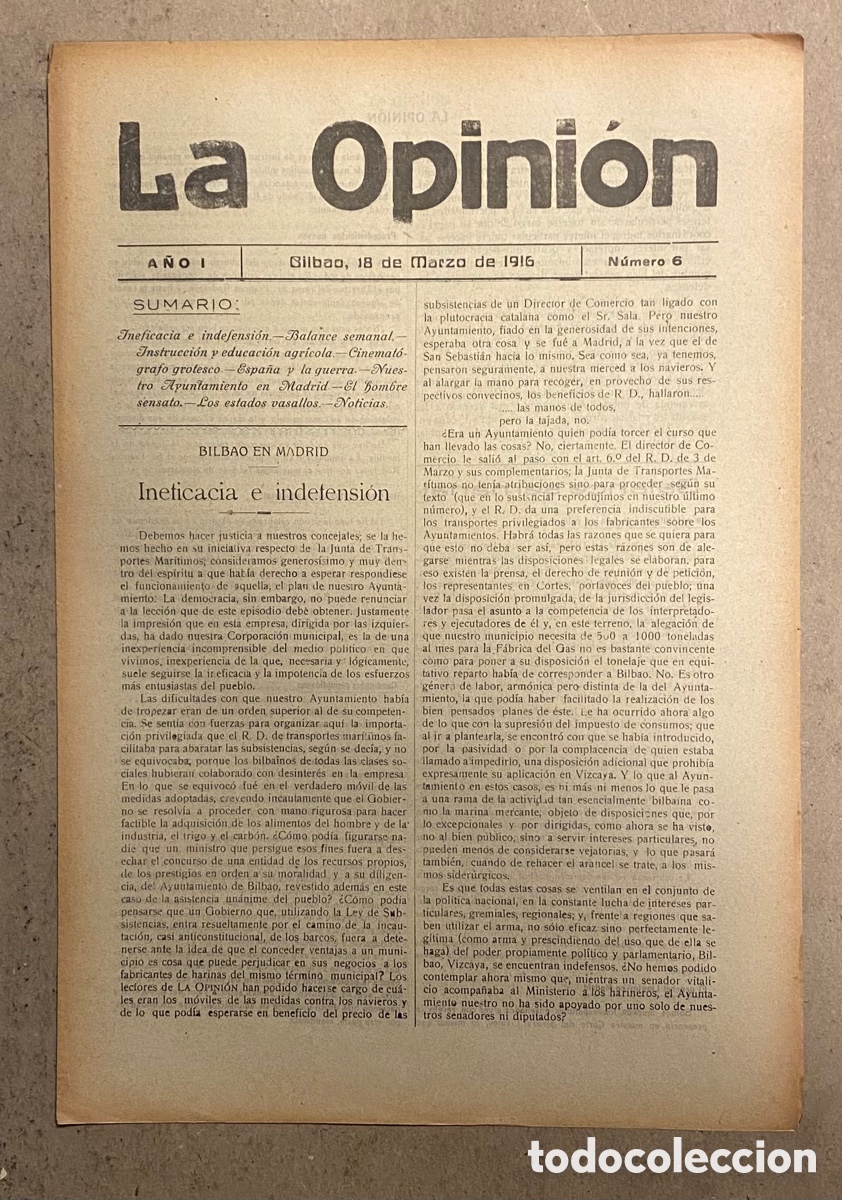 Collection Magazines and Newspapers: SEMANARIO LA OPINI&Oacute;N N&deg; 6 (BILBAO 1916). PUBLICACI&Oacute;N LIBERAL CREADA POR GREGORIO DE BALPARDA