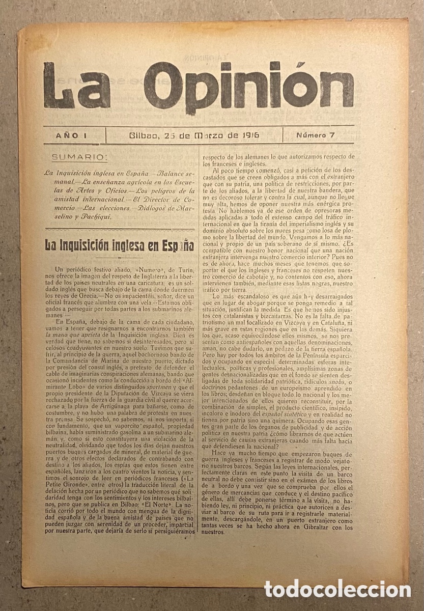Coleccionismo de Revistas y Peri&oacute;dicos: SEMANARIO LA OPINI&Oacute;N N&deg; 7 (BILBAO 1916). PUBLICACI&Oacute;N LIBERAL CREADA POR GREGORIO DE BALPARDA