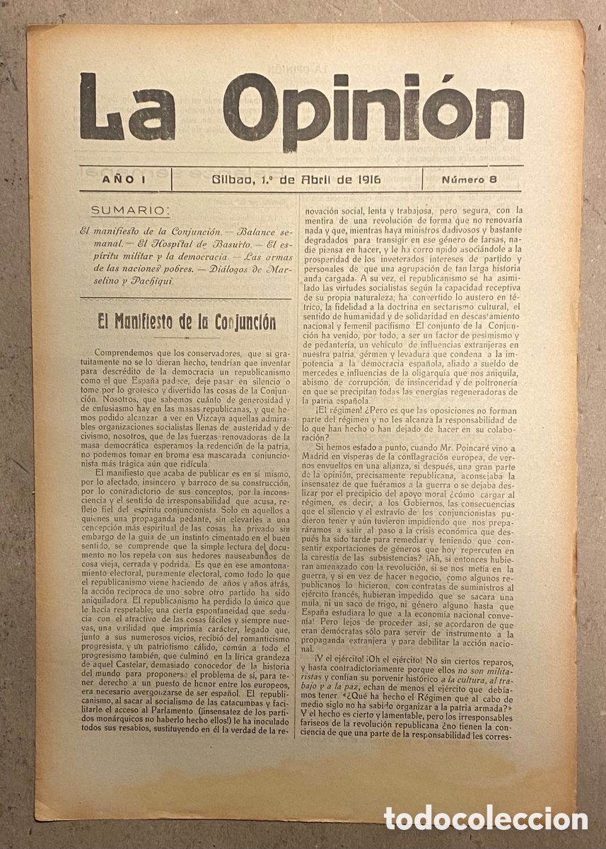 Coleccionismo de Revistas y Peri&oacute;dicos: SEMANARIO LA OPINI&Oacute;N N&deg; 8 (BILBAO 1916). PUBLICACI&Oacute;N LIBERAL CREADA POR GREGORIO DE BALPARDA