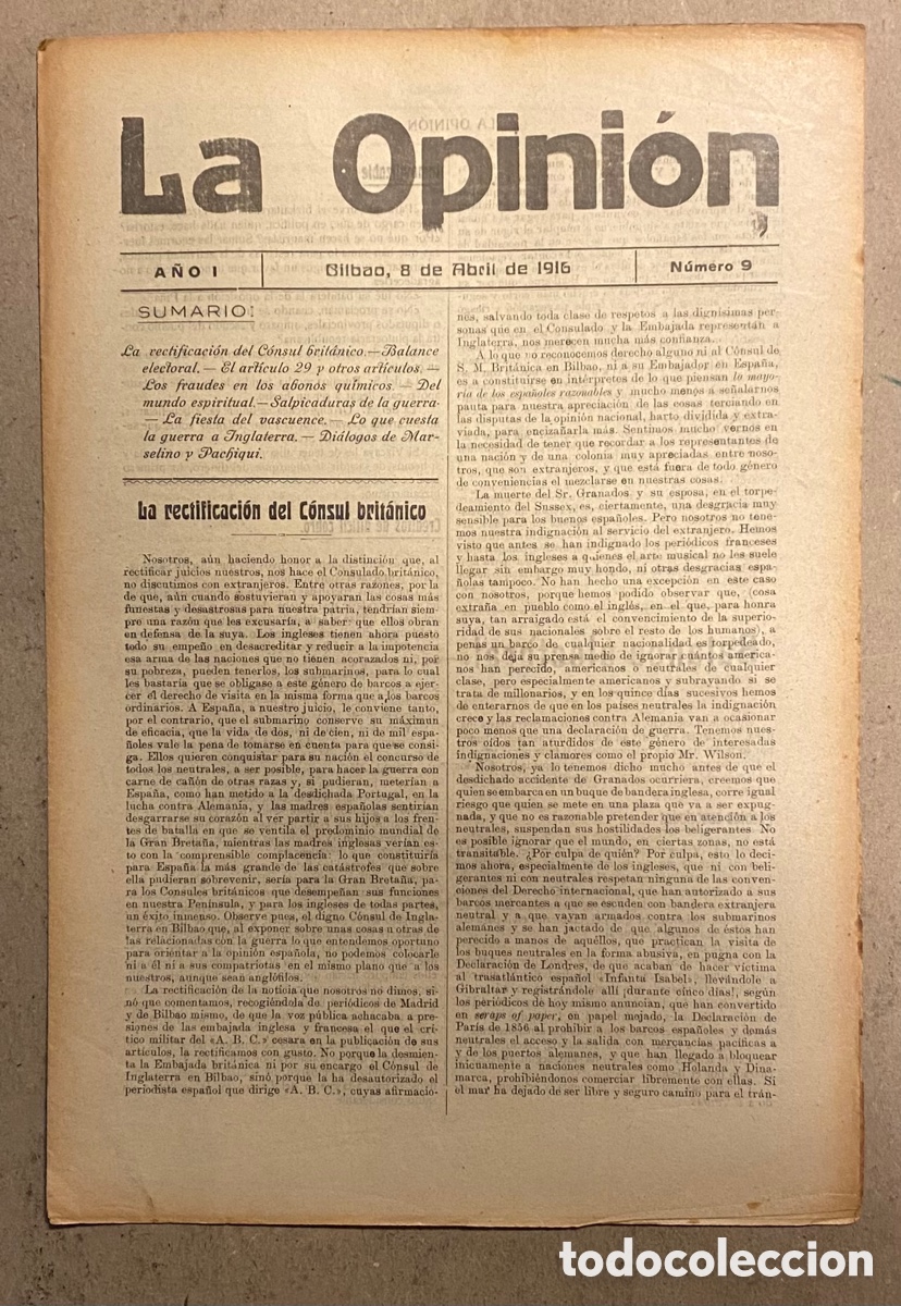 Coleccionismo de Revistas y Peri&oacute;dicos: SEMANARIO LA OPINI&Oacute;N N&deg; 9 (BILBAO 1916). PUBLICACI&Oacute;N LIBERAL CREADA POR GREGORIO DE BALPARDA