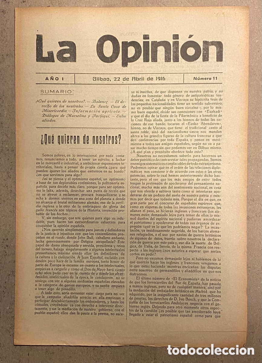 Coleccionismo de Revistas y Peri&oacute;dicos: SEMANARIO LA OPINI&Oacute;N N&deg; 11 (BILBAO 1916). PUBLICACI&Oacute;N LIBERAL CREADA POR GREGORIO DE BALPARDA