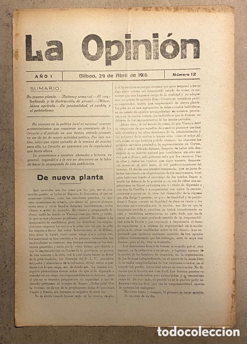 Coleccionismo de Revistas y Peri&oacute;dicos: SEMANARIO LA OPINI&Oacute;N N&deg; 12 (BILBAO 1916). PUBLICACI&Oacute;N LIBERAL CREADA POR GREGORIO DE BALPARDA