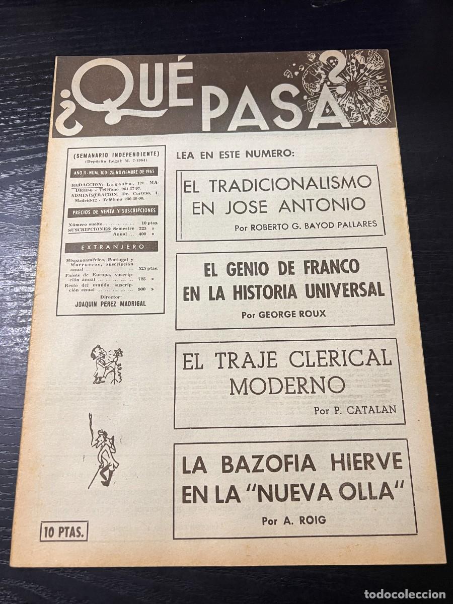 Collezionismo di Riviste e Giornali: &iquest;QU&Eacute; PASA? SEMANARIO INDEPENDIENTE. A&Ntilde;O II. N&ordm; 100. 25 NOVIEMBRE DE 1965. GENIO DE FRANCO