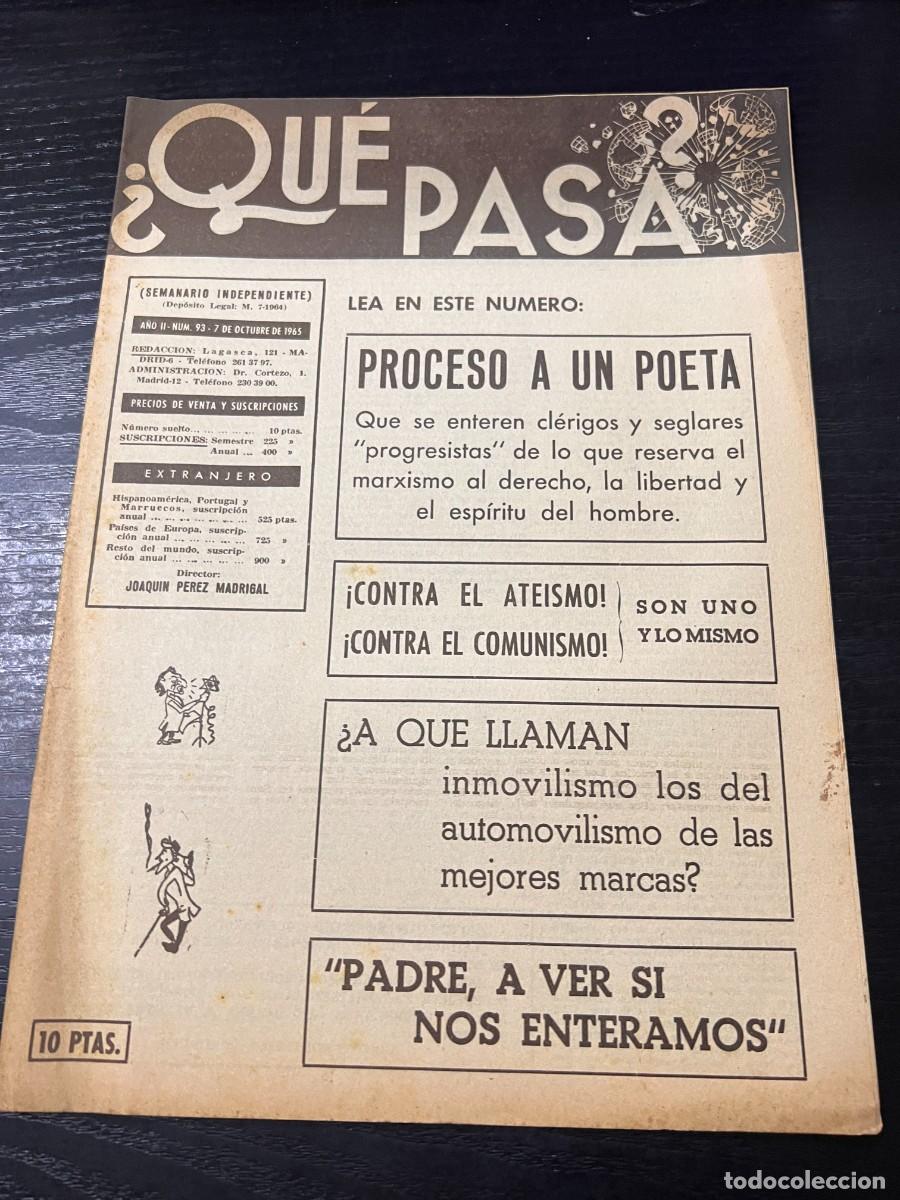 Collection Magazines and Newspapers: &iquest;QU&Eacute; PASA? SEMANARIO INDEPENDIENTE. A&Ntilde;O II. N&ordm; 93. 7 OCTUBRE DE 1965. PROCESO A UN POETA. LEER