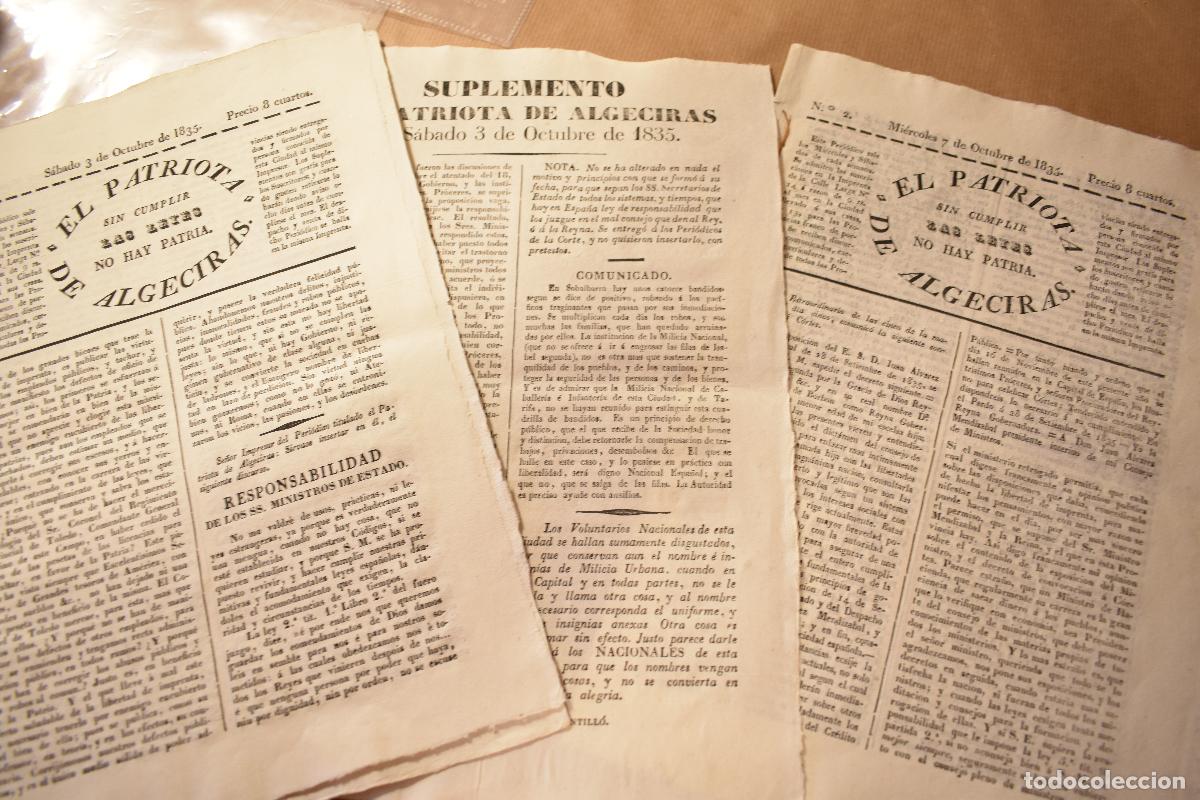 Coleccionismo de Revistas y Peri&oacute;dicos: TRES N&Uacute;MEROS Y DOS SUPLEMENTOS DEL PERI&Oacute;DICO &rdquo;EL PATRIOTA DE ALGECIRAS&rdquo;, 1835.