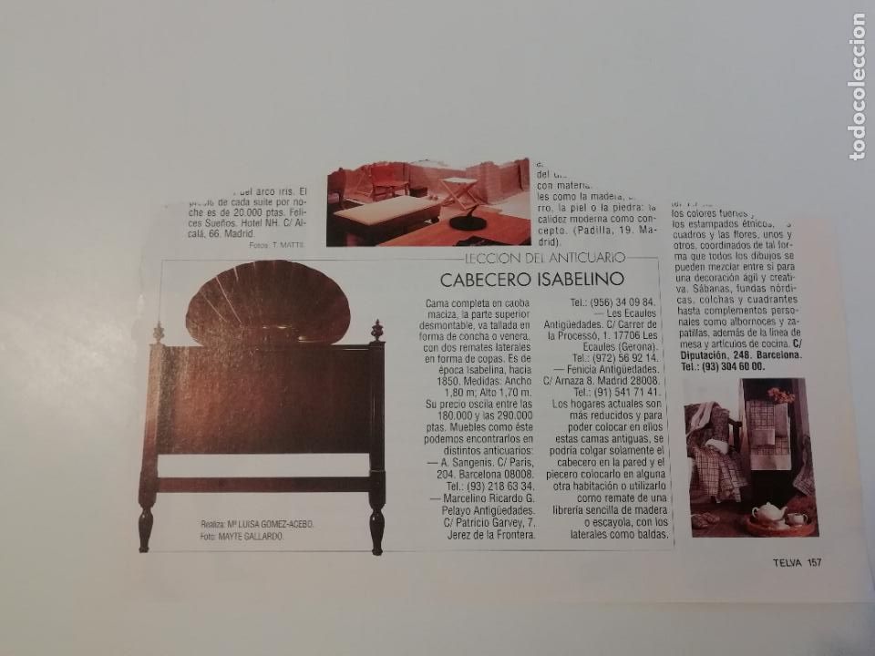 Coleccionismo de Revistas y Peri&oacute;dicos: Recorte Lecci&oacute;n del anticuario Cabecero isabelino Antig&uuml;edades Artes decorativas