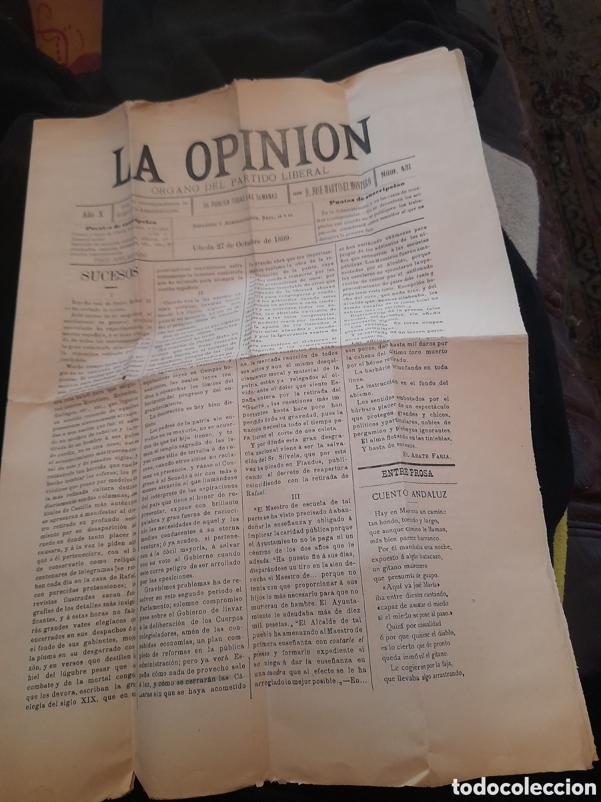 Coleccionismo de Revistas y Peri&oacute;dicos: Peri&oacute;dico, La Opini&oacute;n, &Oacute;rgano del Partido Liberal, Ubeda 1899