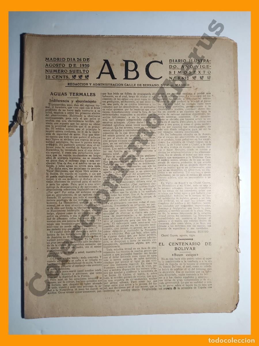 Coleccionismo de Revistas y Peri&oacute;dicos: ABC 26 Agosto 1930 n&ordm; 8632 - Zarauz, becerrada benefica; Los Goya de Fernandez Duran