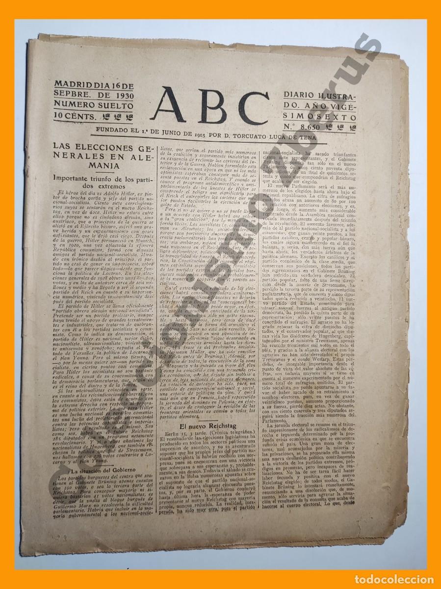 Coleccionismo de Revistas y Peri&oacute;dicos: ABC 16 Sept 1930 - Elecciones Generales en Alemania, Adolf Hitler
