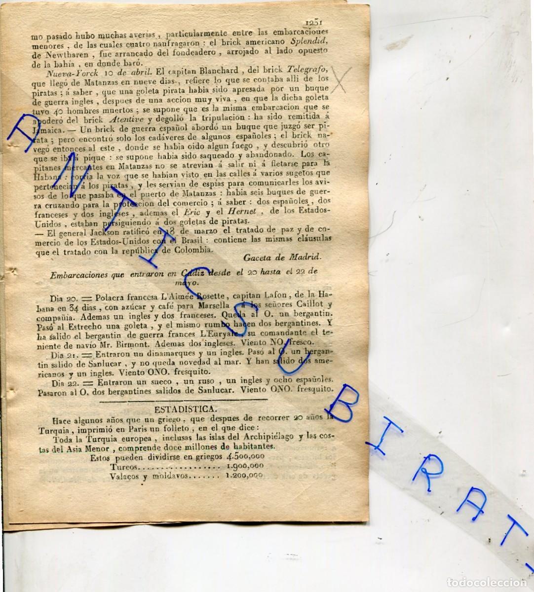 Coleccionismo de revistas y peri&oacute;dicos: DIARIO DE BARCELONA A&Ntilde;O 1829 NUEVA NEW YORK USA BRICK TELEGRAFO LUCHA CON BARCO PIRATA EN MATANZAS
